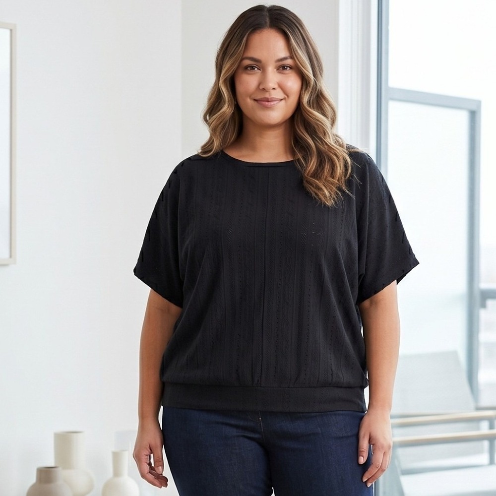 BloomChic Top Womens 30 Black Eyelet Dolman Sleeve Drop Waist Casual Relaxed Fit
